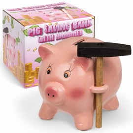 MIJOMA Piggy Bank Pig with Hammer - Dolomite Piggy Bank, 12.5 x 11 x 10 cm, Funny Money Box for Smashing, Money Gift for Children & Adults