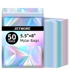 JETMORE Mylar Bags, 50 PCS Resealable Bags-5.5x8in, Holographic Bags for Office Supplies, Craft Materials, Little Bags for Postcards, Sealable Bags with Clear Front, Dispensary Packaging of Products