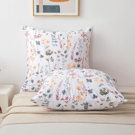ATsense Cushion Cover 80 x 80 cm, Set of 2, 100% Cotton, Colourful Plants Flowers Pattern Pillowcase with Zip, Oeko-Tex Certified, Super Soft and Comfortable Cushion Cover