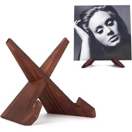 PUERSI Now Playing Vinyl Record Stand, Wooden Display Vinyl Holder Stand, Retro Now Spinning Record Accessories - Rustic Brown