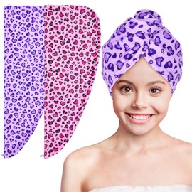Basumee Microfiber Hair Towel Wrap for Kids 2 Pack Rapid Drying Hair Towel with Button Hair Turbans for Wet Hair Wraps Head Towel Wrap for Women and Girls