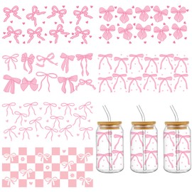 UV DTF Cup Wraps for 16 oz, 6 Pcs Cute Bow UV DTF Cup Wraps Pink White Plaid Cup Wraps Mini Heart Wave Point DTF Cup Wraps for Glass Cups Furniture Craft Wood DIY Crafts