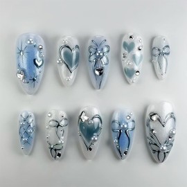 24Pcs Blue Press on Nails Medium Almond Fake Nails with 3D Silver Heart Bow Designs Pearl Rhinestones False Nails Blue White Glossy Acrylic Nail Tips Kit Full Cover Artificial Glue on Nails for Women