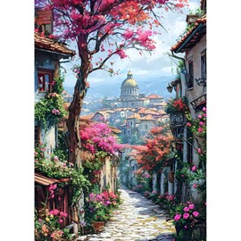 QINRUBB DIY City Street Diamond Painting Adults, 5D Colourful Flowers Diamond Painting Pictures Beginners, House Round Full Drill Diamond Art Kits Embroidery Cross Stitch Gifts Home Wall Decor 30 x 40