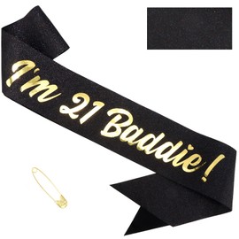 FASOTY 21st Birthday Baddie Sash - I'm 21 Baddie! Gold Glitter Sash with Black Foil Birthday Baddie Sash for Women and Men Funny Party Favor Decorations Baddie Accessories