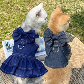 Ling & Bai Harness Dog Dresses, Dogs Denim Summer Dress Cat Girl Clothes Pet Bow Princess Skirt Outfit (M)