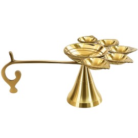 Home Genie Brass Panch Aarti Diya with Handle | 5-Wick Oil Lamp for Pooja, Temple, Festival Use & Spiritual Decor | Traditional Handmade Brass Aarti Lamp with Stand