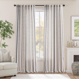 jinchan Linen Blend Boho Curtains for Living Room, 96 Inch Long Black Printed on Beige Retro Farmhouse Bohemian Geometric Striped Drapes, Light Filtering Back Tab Curtains 2 Panels