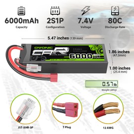 OVONIC 6000mAh 80C 2S 7.4V Lipo Battery Hardcase with Deans Connector for 1:8 Scale RC Car, RC Airplane, RC Helicopter, RC Boat (2 Pack)(with Lipo Voltage Checker)