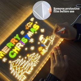 Acrylic Dry Erase Board with Light 12 * 8”, LED Note Board with Colors with Stand Desktop Glow Memo LED Letter Rewritable Message Board White Board LED Note Board with 7 Color Markers