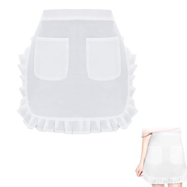 Benaewa White Apron, Waitress Apron with 2 Pockets, Adjustable Waist Ruffle Aprons for Cooking Restaurant Bistro