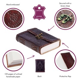 Stitched and Embossed Leather Journal with Clasp | 125 Unlined Recycled Paper Pages | 16cm x 11cm | Handmade, Fair Trade & Eco Friendly | Leather Bound Journal Alternative For Men and Women