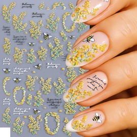 Flower Nail Art Stickers Cute Bee Nail Deals 5D Embossed Nail Stickers Yellow Flowers Bee Letter Nail Design Insect Floral Nails Supplies Spring Summer Manicure Accessories for Women Nail Decorations