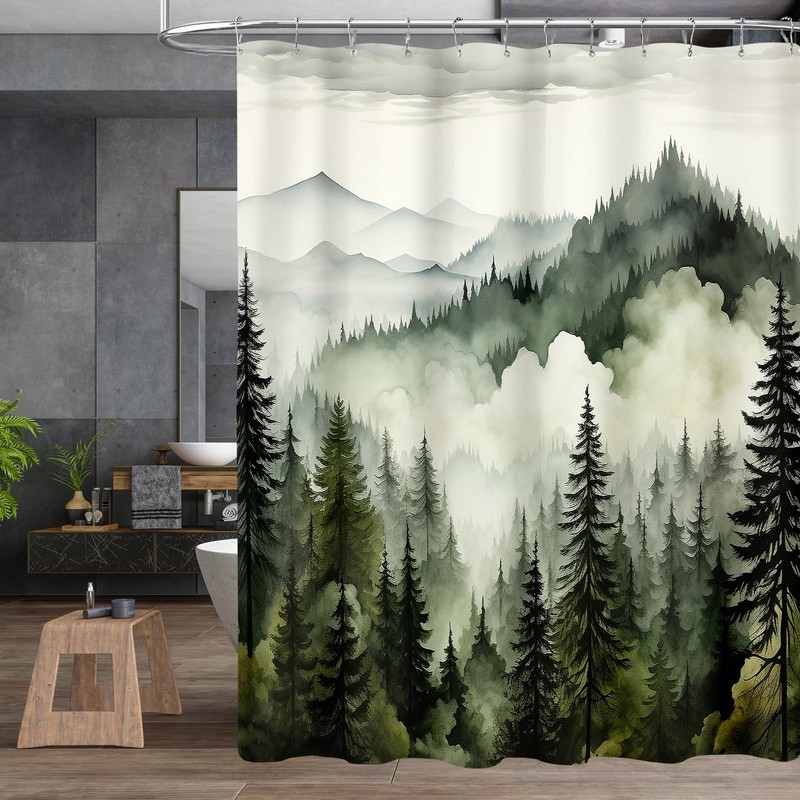 BayNook 4PCS Dark Green Misty Forest Bathroom Sets with Shower