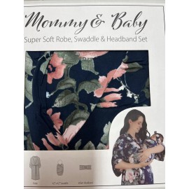 Mommy & Baby Soft Maternity Robe, Baby Swaddle & Headband Set S/M Navy Floral