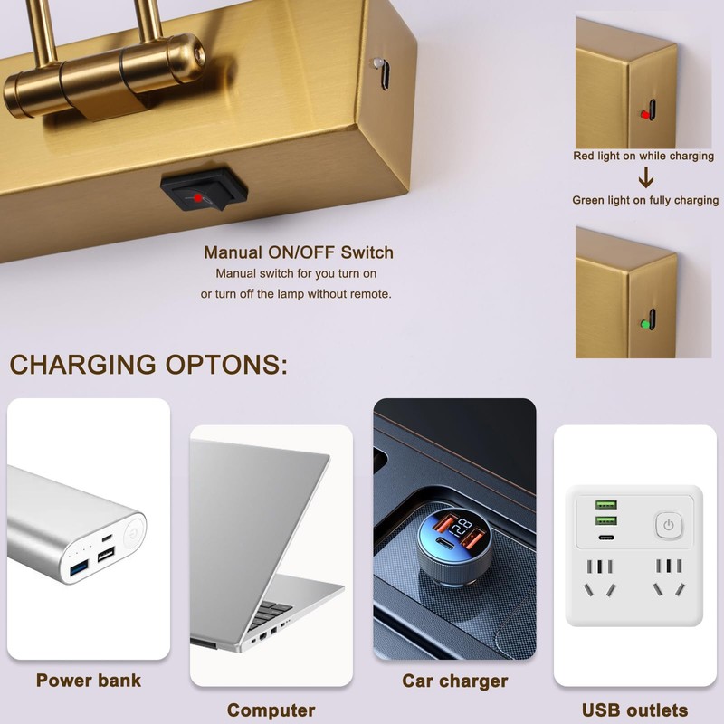 yumcrelect Battery Operated Picture Light with Remote,Wireless Gallery Lights Brass