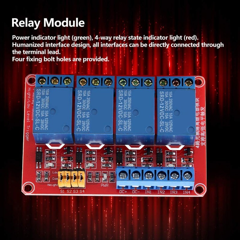 Akozon 12V Relay Board, 4-Channel Optocoupler Relay Module, Low Trigger