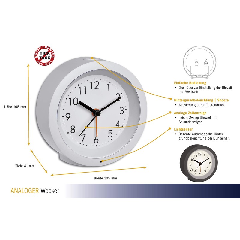 TFA Dostmann Analogue Alarm Clock 60.1029.02 with Sweep Movement Subtle