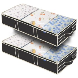 2 Pack Sturdy Underbed Storage Bags with Durable Handles Top Large Window, Under-the-Bed Organzier Bins, Foldable Under-Bed Storage Containers Organizing Comforter Clothes (Black)