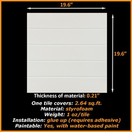 Decorative Foam Glue Up Ceiling Tile 20" x 20" R12W Genesis Plain White Panel, Plank