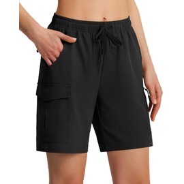 Ksmien Women's 7" Hiking Cargo Shorts Lightweight Quick Dry Ladies Summer Shorts with Zipper Pockets for Travel Golf Black