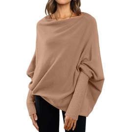 LILLUSORY Womens Batwing Oversized Sweaters Assymetrical Off The Shoulder Boat Neck Wrap Tunic Tops Fall Fashion Cloth Outfit, Brown, Large