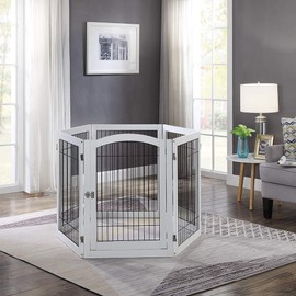 unipaws Pet Playpen with Wood and Wire, 6 Panels Extra Wide Freestanding Walk Through Dog Gate with 4 Support Feet, Foldable Stairs Barrier Pet Exercise Pen for Dogs Cats Pets, White