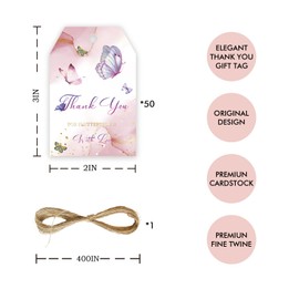 50pcs Butterfly Thank You Tags, Butterfly Gift Tag with String for Baby Shower Party, Thank You Paper Tags for Butterfly Birthday/Flower Engagement/Floral Bridal Shower Party Favors