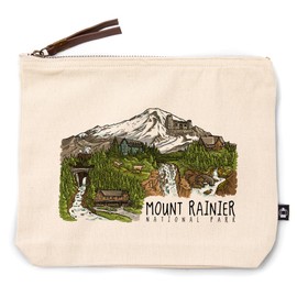 Mount Rainier National Park, Washington, Line Drawing, Waterfalls, 100% Cotton Zipper Pouch, Travel Accessory, Go Bag