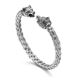 XYJJ Men's Bracelet, Link Curb Chain Bracelet, Stainless Steel Wolf Head Bracelet, Men's Solid Stainless Steel Bracelet, Wolf Heads Bracelet, Elastic Adjustable, for Men's Clothing (Silver), Stainless