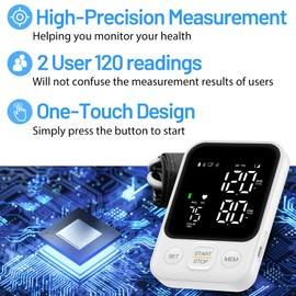 Blood Pressure Monitor Upper Arm Machine Accurate Adjustable BP Cuff Kit Led Backlit Display 2 Users 240 Sets Memory Includes Storage Bag White