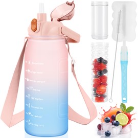 KETIEE Water Bottle 2L 2 Litre Water Bottle 2 Litres with Straw & Adjustable Shoulder Strap & Fruit Container, BPA Free Leak-Proof Sports Bottle with Time Marking, Pink Blue
