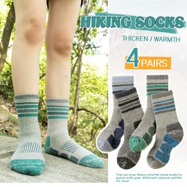 SeeyAN Kids Merino Wool Hiking Socks Boys Girls Thermal Winter Warm Boot Toddlers Thick Cushion Socks 4 Pairs (4 Pairs Grey Stripe A, 4-7 Years)