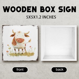 Funny Farmhouse Sign Decor Farmhouse Decorations for Home Cute Cow Wooden Box Sign Desk Accessories Home Office Bedroom Bathroom Decor Cow Lover Gift 5 X 5 Inch - Style B