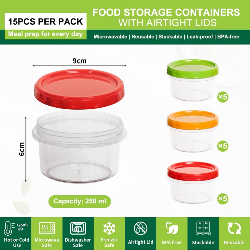 Cozary 15 Pezzi Contenitori Ermetici per Alimenti Piccoli, 250ML Riutilizzabili