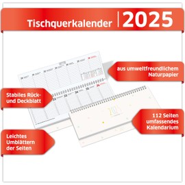 PRIMUS PRINT Desk Calendar 2025 Landscape Weekly Calendar - 112 Pages Appointment Calendar and Annual Calendar - 297 x 130 mm, 75 g Natural Paper, Wire Comb Binding, Holidays and School Holidays -
