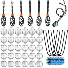 Shappy 66 Pieces Crystal Necklace Holder Empty Stone Holder Spiral Bead Cages Pendants with Adjustable Cord Fish Netted Rope Black Waxed Necklace Cord for Rock Jewelry Making Crafting Finding