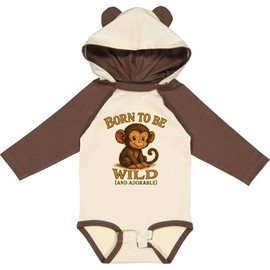 inktastic Born To Be Wild Adorable Monkey Long Sleeve Creeper Newborn Natural & Brown W Ears 4654e