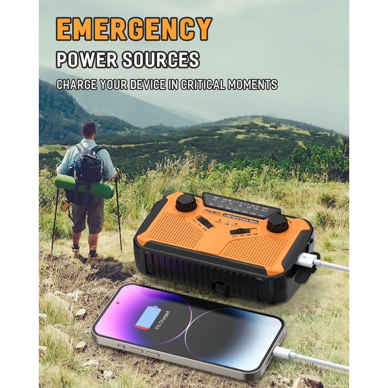PRUNUS J-369 11100mWh Emergency Weather Radio, AA Batteries/Hand Crank/Solar/USB Charging,