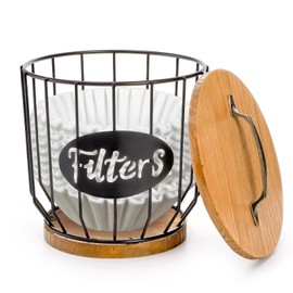 yarlung Coffee Filters Holder with Lid, Large Capacity K Cup Coffee Pods Holder with Rustic Wooden Base, Black Wire Coffee Storage Basket for Kitchen Countertop, Coffee Bar, Coffee Station Organizer