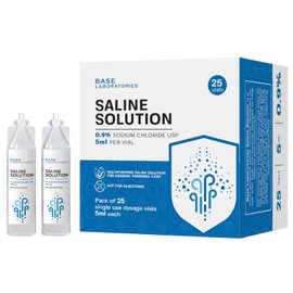 BASE LABORATORIES 0.9% Saline Solution Vials - Versatile 0.9% Sodium Chloride Saline Ampoules - Preservative Free Saline Solution Single use vials - USP Grade 25 Vials x 5ml Count