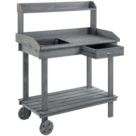 Gray Wooden Potting Bench With Wheels Sink Drawer Storage Outdoor Patio FurnitureColor: Gray Color