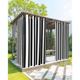 BABE MAPS Outdoor Curtains for Patio Black and White Stripe Waterproof Privacy Outside Curtains Grommet Top Pergola Curtains for Porch Cabana Gazebo 2 Panels, 54 x 84 inch