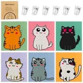 6 Pack Swedish Dishcloths for Kitchen, Reusable Paper Towels Swedish Dish Towels with Clips, Absorbent Dish Cloth No Odor for Cleaning Home Kitchen（Cat Patterns）