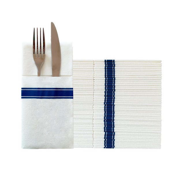 KMAKII Paquete de 100 servilletas de papel desechables con bolsillo integrado para cubiertos, servilletas de mano de papel para fiestas, bodas, eventos, sensación de lino, 16 x 16 pulgadas, rayas azules