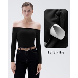 SUUKSESS Women Padded Off The Shoulder Tops Ribbed Long Sleeve Shirts Fall Basic Going Out Tops (Black,M)