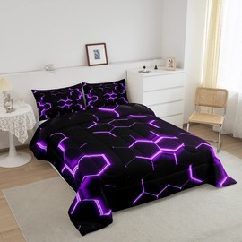 Boys Honeycomb Comforter for Kids Men Girls Modern Geometry Hexagon Bedding Set Purple Decor Comforter Set Grid Art Quilt Collection 3Pcs Full Size