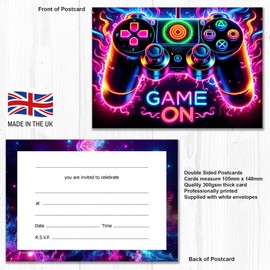 Olivia Samuel 40 PACK of Party Invitations with Envelopes - Gaming Themed Party Invites in Neon Colours. Designed and Printed in the UK