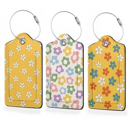 3 Pack Luggage Tags,Color Daisy Flower PU Leather Luggage Tags for Suitcase,Name ID Labels with Privacy Cover Suitcases and Metal Loop for Travel Bag Suitcase