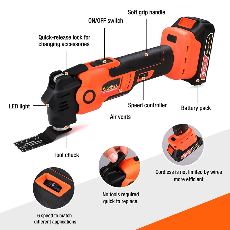 ValueMax 20V Cordless Oscillating Tool with Battery, 3.6°Oscillation Angle Oscillating